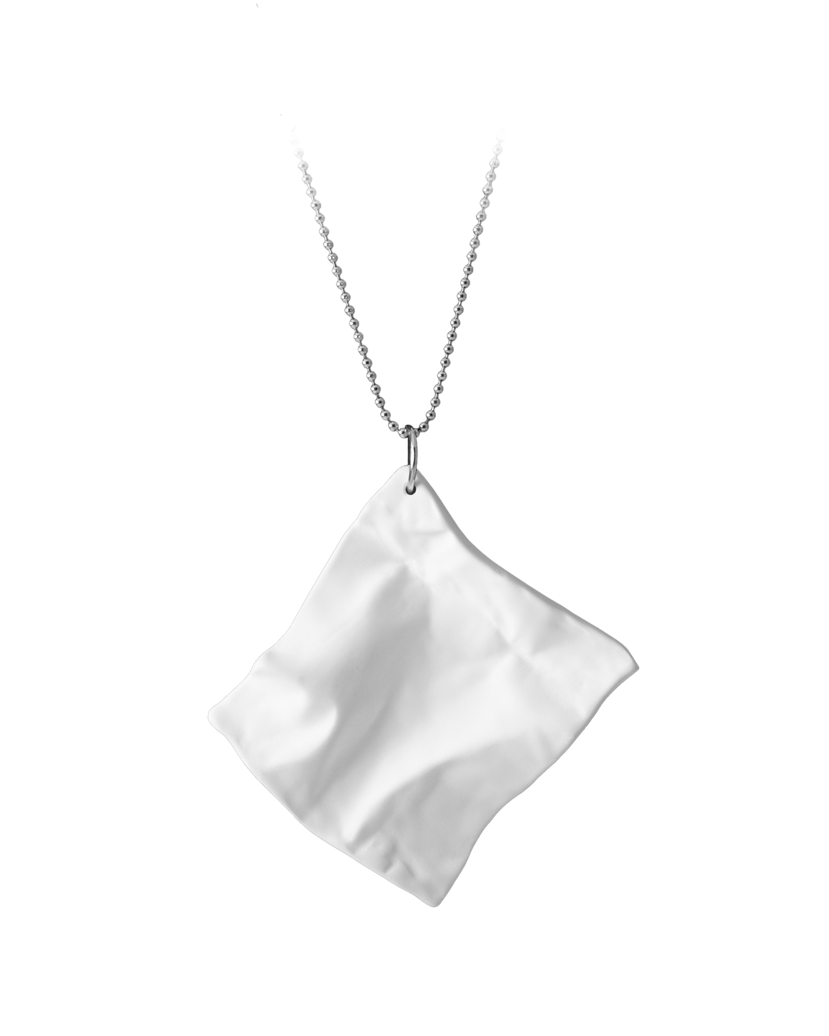 Modern white ceramic paper-texture necklace on an 18-inch sterling silver ball chain, handcrafted by Reika Studio in Los Angeles.