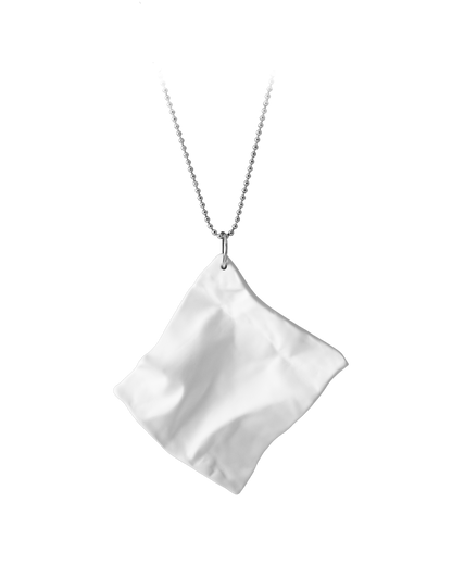 Modern white ceramic paper-texture necklace on an 18-inch sterling silver ball chain, handcrafted by Reika Studio in Los Angeles.