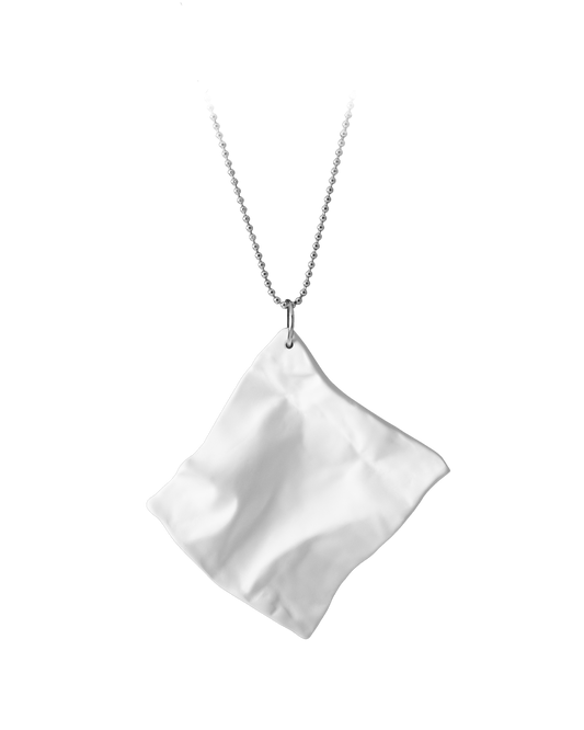 Modern white ceramic paper-texture necklace on an 18-inch sterling silver ball chain, handcrafted by Reika Studio in Los Angeles.