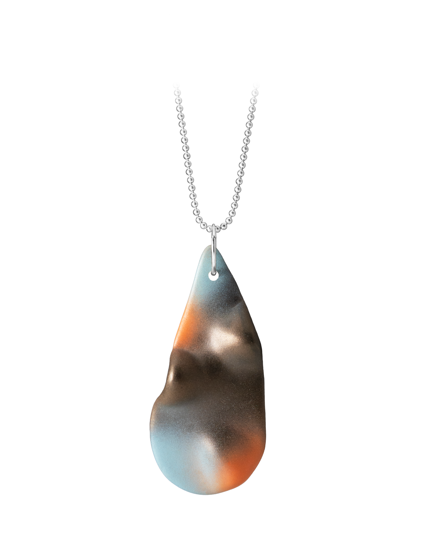 Hand-cast ceramic TOPO Teardrop necklace in Terra, featuring a topographic surface with a umber gradient with tangerine and sky blue highlights suspended on a silver ball chain.