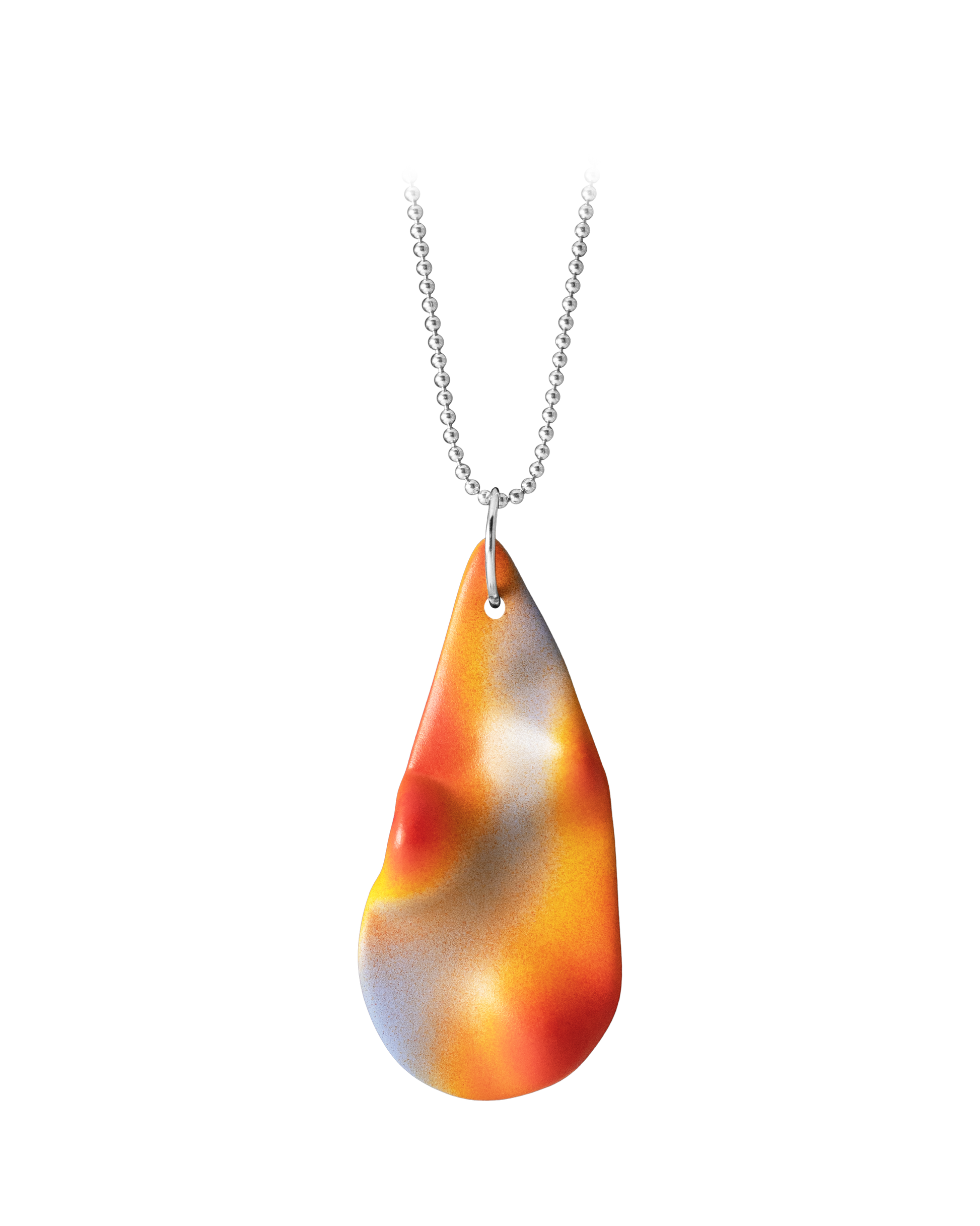 Hand-cast ceramic TOPO Teardrop necklace in Frequency, featuring a tactile topographic relief with a vibrant chromatic gradient of lilac, solar yellow, and tangerine on a silver ball chain.