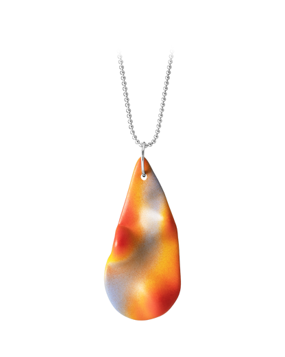 Hand-cast ceramic TOPO Teardrop necklace in Frequency, featuring a tactile topographic relief with a vibrant chromatic gradient of lilac, solar yellow, and tangerine on a silver ball chain.
