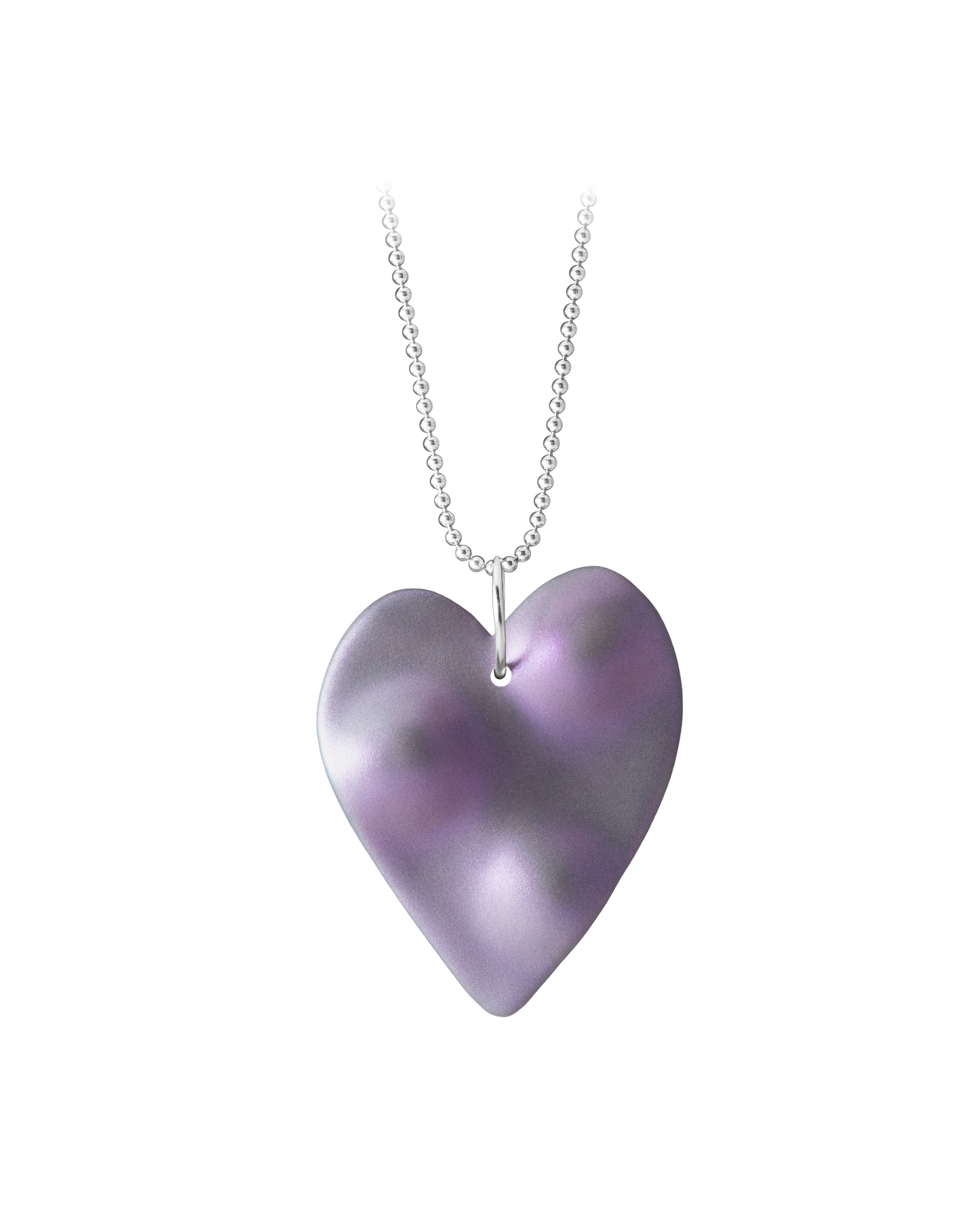 Hand-cast ceramic TOPO Heart necklace in Nebula, featuring a muted grey topographic surface veiled with shifting pearlescent violet interference pigments on a 18" sterling silver ball chain.