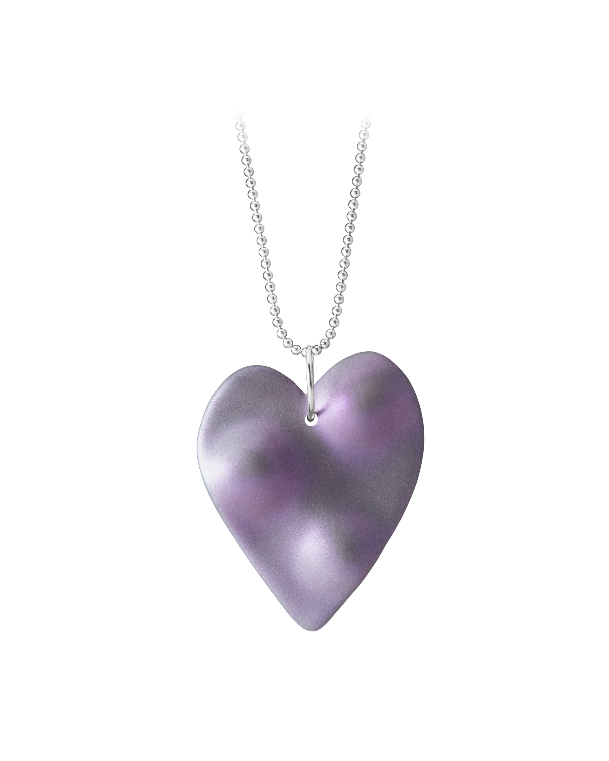 Hand-cast ceramic TOPO Heart necklace in Nebula, featuring a muted grey topographic surface veiled with shifting pearlescent violet interference pigments on a 18" sterling silver ball chain.