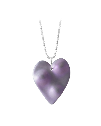 Hand-cast ceramic TOPO Heart necklace in Nebula, featuring a muted grey topographic surface veiled with shifting pearlescent violet interference pigments on a 18" sterling silver ball chain.