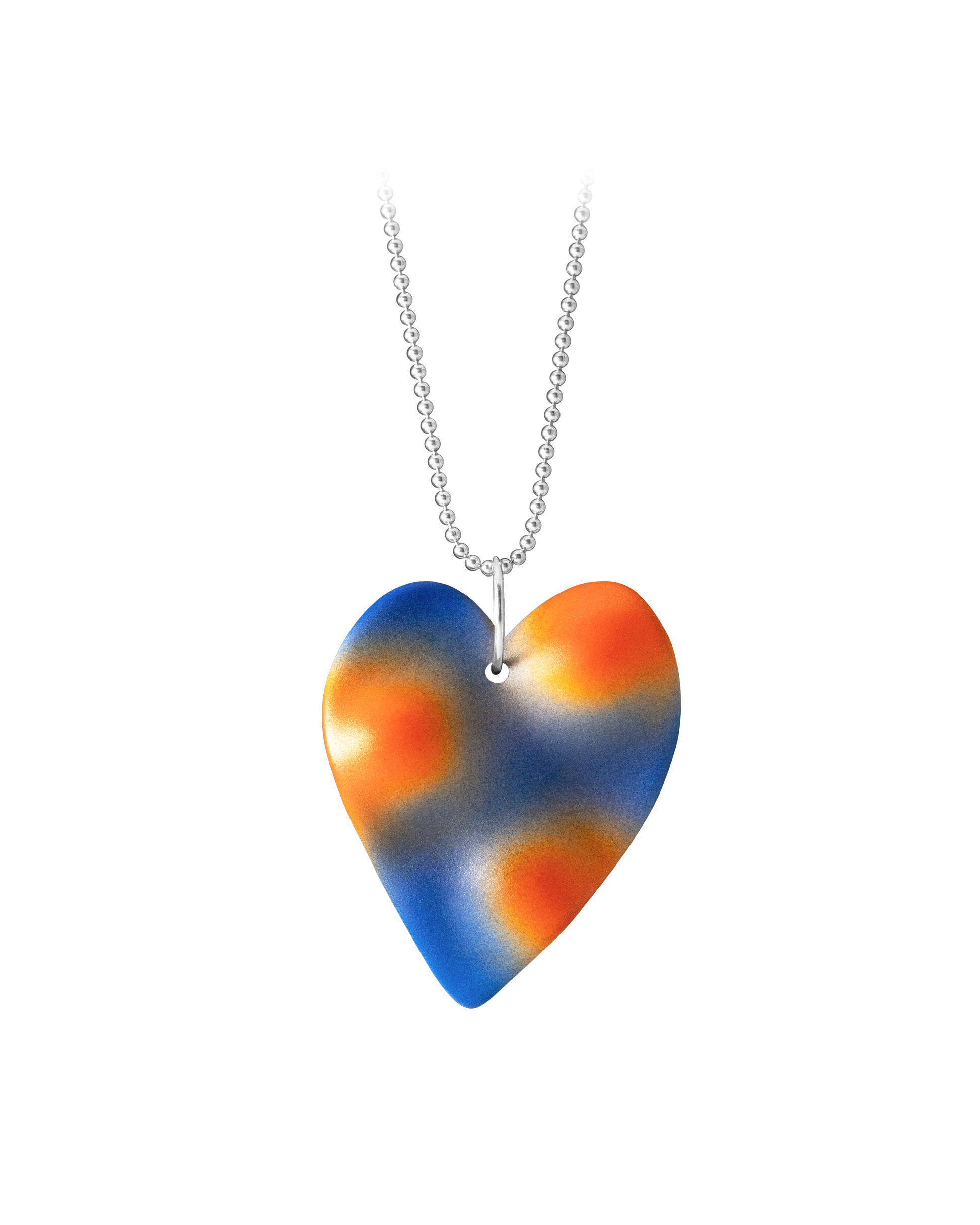 Hand-cast ceramic TOPO Heart necklace in Photon, featuring a deep blue topographic surface with bright vermilion and gold airbrushed photons.