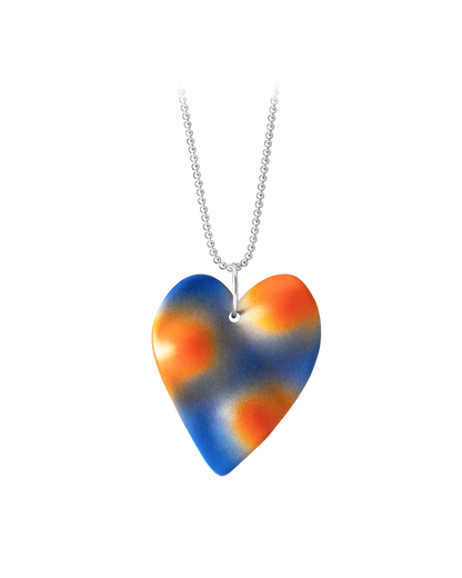 Hand-cast ceramic TOPO Heart necklace in Photon, featuring a deep blue topographic surface with bright vermilion and gold airbrushed photons.